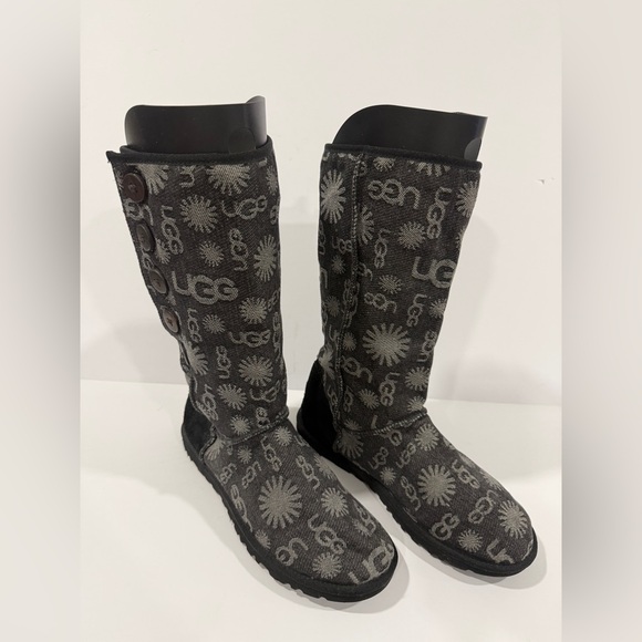 UGG Australia Tall Logo Knit Button Boots Women’s 8 Black Gray Shearling - Picture 5 of 14